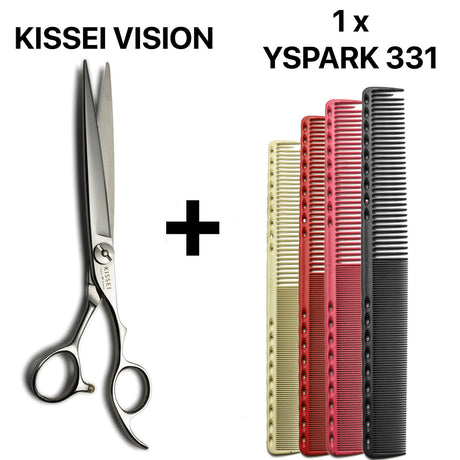 Duo de ciseaux de coiffure japonais KISSEI Vision et peignes Y.S.PARK 331, pensé pour la précision, la maniabilité et la durabilité.