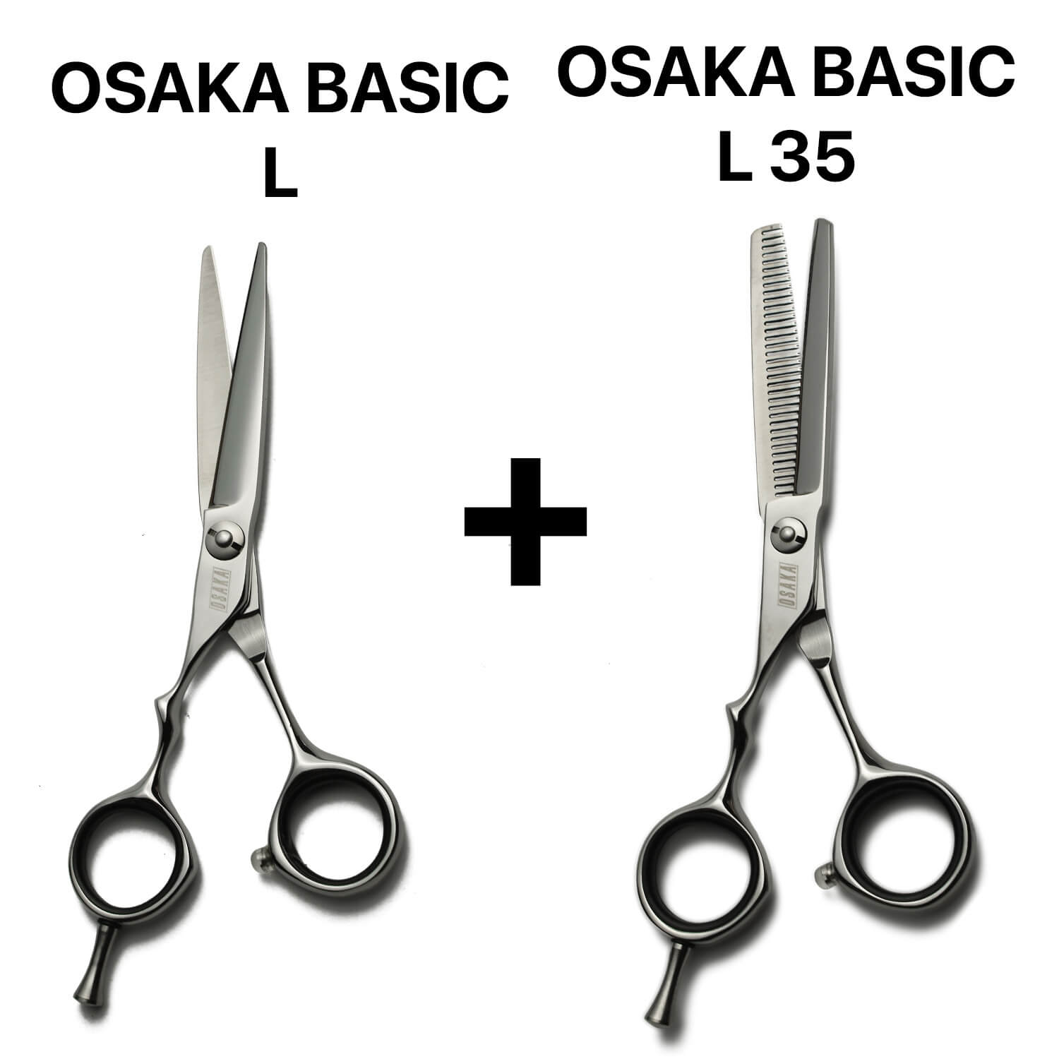Pack double lame : ciseaux gauchers de coupe et effileurs OSAKA Basic, conçus pour les coiffeurs recherchant fluidité et confort.