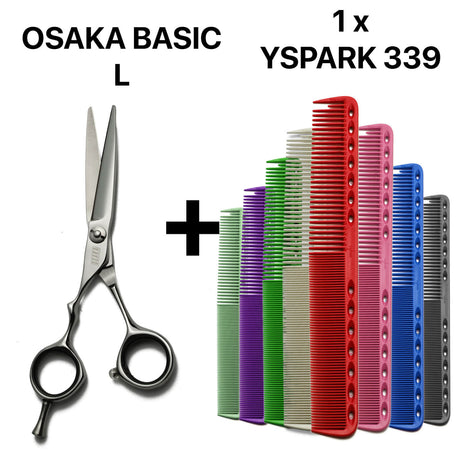 Kit complet pour coiffeurs : ciseaux gauchers professionnels OSAKA Basic + peignes Y.S.PARK 339, alliance japonaise par excellence.
