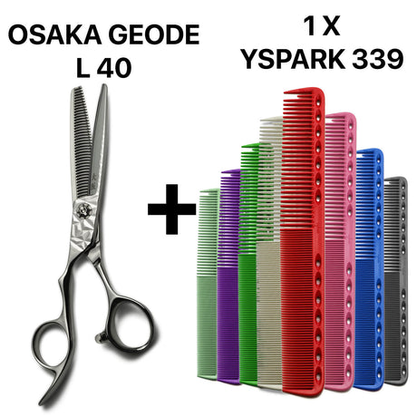 Set complet de ciseaux de coiffure gauchers professionnels OSAKA Geode et sculpteurs gauchers ergonomiques OSAKA Geode 40, livré avec peignes Y.S.PARK 339.