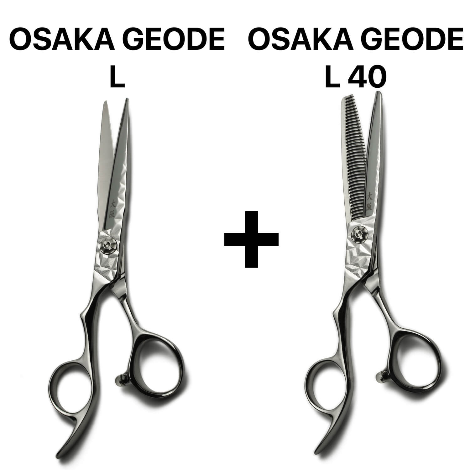 Kit complet de ciseaux de coiffure de coupe et texturants gauchers  OSAKA Geode, combinant puissance de coupe et texturisation maîtrisée.