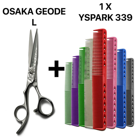 Duo japonais associant ciseaux gauchers de coiffure japonais  OSAKA Geode Craft professionnels et peignes ergonomiques Y.S.PARK 339 pour un contrôle parfait du cheveu.