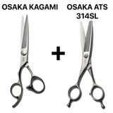 Ensemble professionnel ciseaux OSAKA Kagami gauchers  + sculpteurs gauchers OSAKA ATS 314SL, idéal pour les dégradés et la texturisation naturelle.