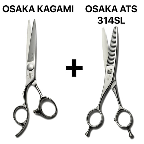 Ensemble professionnel ciseaux OSAKA Kagami gauchers  + sculpteurs gauchers OSAKA ATS 314SL, idéal pour les dégradés et la texturisation naturelle.