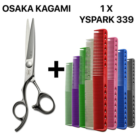 Set professionnel composé de ciseaux gauchers japonais Kissei Kagami et du peigne Y.S.PARK 339, idéal pour les coupes classiques et modernes.