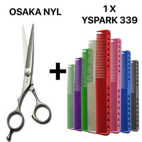 Ciseaux de coiffure ergonomiques gauchers OSAKA NYL associés au peigne de coupe Y.S.PARK 339, pour un résultat précis et homogène.