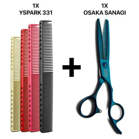 ciseaux sculpteurs effileurs osaka sanagi bleu 25 dents, peignes de coupe yspark 331 longs 