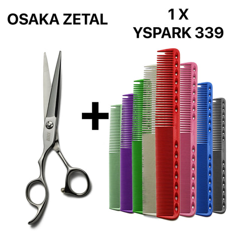 Pack japonais premium : ciseaux gauchers de coupe professionnels OSAKA ZETAL + peigne Y.S.PARK 339, référence des peignes ergonomiques.