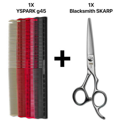 peignes de coupe yspark g45 gradué associé à une paire de ciseaux blacksmith skarp