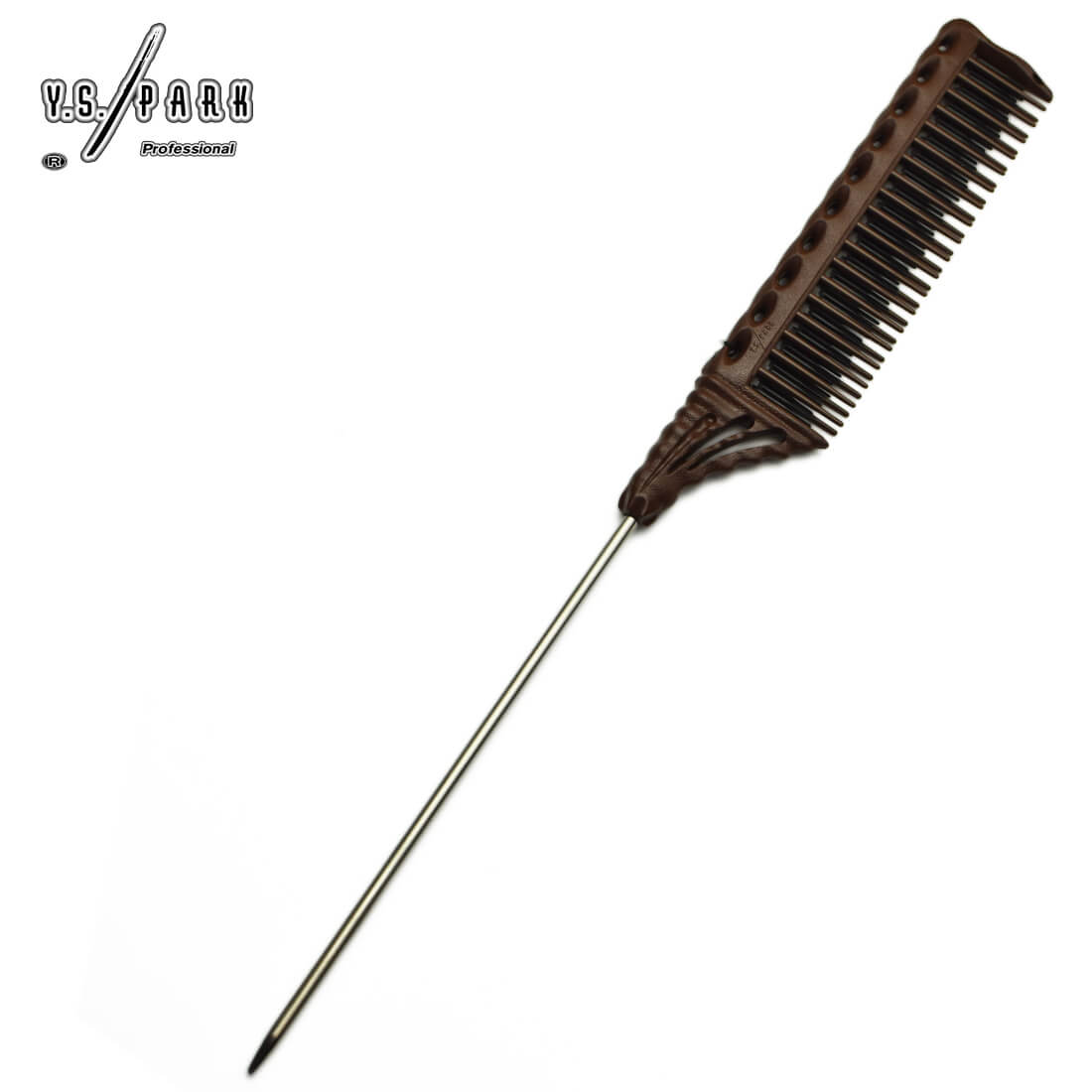 Peigne Y.S. PARK YS-154-125 Choco – peigne pintail extra-long (125 mm), triple rangée de dents, rangée intérieure en carbone anti-statique, manche ondulé antiglisse.